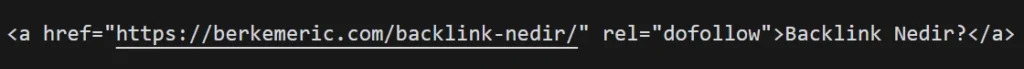 HTML kodu içerisinde dofollow backlink yer alan bir bağlantı
