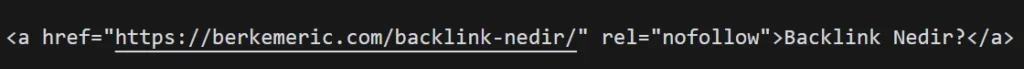 HTML kodu içerisinde nofollow backlink yer alan bir bağlantı