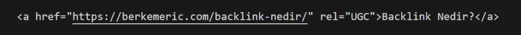 HTML kodu içerisinde UGC backlink yer alan bir bağlantı